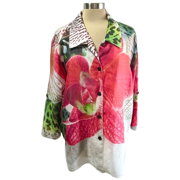 Caroline Rose Raime Bold Foral Button Down Top Size XL Lagenloook Artsy Roll Tab - Picture 1 of 8